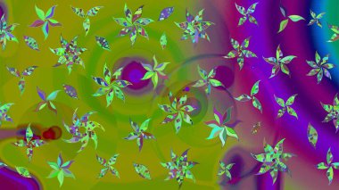 El çizimi çiçek unsurları olan soyut çizim raster deseni. 1950-1960 motifleri. Çiçekli ipek eşarp. Retro tekstil tasarım koleksiyonu. Yeşil ve mor üzerine yeşil ve mor.
