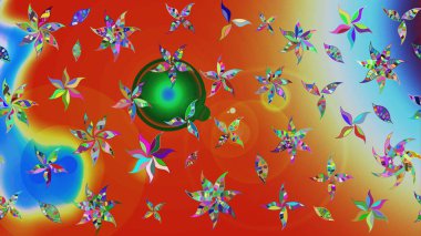 Kumaş, tekstil, duvar kağıdı baskısı için. Eskiz geçmişi. Eski usul. Renkli desenli eskiz deseni, turuncu ve kırmızı çiçekler ve dekoratif elementler. Raster illüstrasyonu.