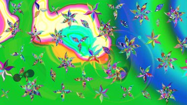 Raster illüstrasyonu. Şirin çiçekli eskiz deseni ve yeşil ve mavi renkli yapraklar, suluboya çiçek deseni, duvar kağıdı, kart veya kumaş için fayanslı.