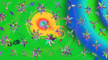 Raster illüstrasyonu. Yeşil ve mavi renkte çiçekler. Şirin çiçek elementleri. Çizim.