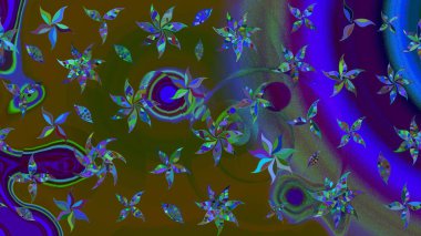 Raster çiçek desenli çiçek deseni, yapraklar, dekoratif elementler, sıçrama, lekeler, el çizimi kontur çizgileri ve Doodle çizim stili, grafik raster çizim çizimi.