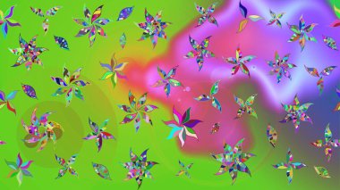 Raster illüstrasyonu. Yeşil ve mor renkli Asya tekstili. Suluboya çiçekli çiçek deseni.