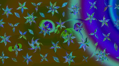 Kahverengi ve mavi zarif küçük çiçekler ve kahverengi ve mavi renkli komik böcekler, raster desen, illüstrasyon.