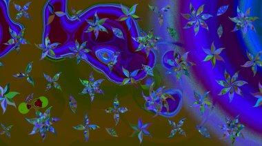 Suluboya elle çizilmiş çiçek desenli eskiz deseni. Parlak renkli fantezi çiçekleri, yapraklar, kahverengi ve mavi renkli tomurcuklar, kahverengi ve mavi.