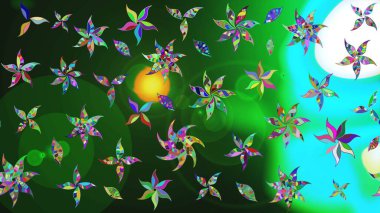 Raster illüstrasyonu. Yumuşak, bahar çiçekleri yeşil ve mavi renklerde. Raster çiçek desenli ve çiçekli..