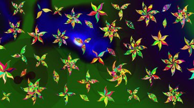 Raster illüstrasyonu. Yeşil ve gri renkli çiçekler. Renkli Bahar Teması eskiz kalıbı. Asya tekstil tarzında. Düz Çiçek Elementleri Tasarımı. Çiçek desenini çiz.