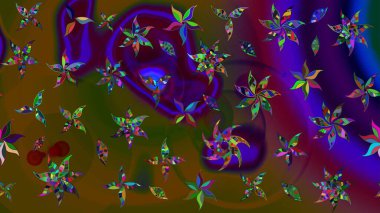 Raster illüstrasyonundaki çiçek desenli çizim. Çiçekler suluboya tarzında kahverengi ve yeşil renklerde.