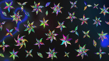 Raster illüstrasyonu. Gri ve mavi renkte çiçekler. Asya tekstil tarzında. Çiçek desenli çizim. Raster illüstrasyonu.