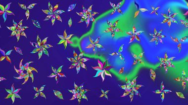 Suluboya, elle çizilmiş. Mavi ve mor üzerine çiçekler. Eskiz arkaplan modeli. Raster stoku.