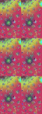 Raster illüstrasyonu. Şirin çiçekli eskiz deseni ve pembe ve yeşil renkli yapraklar, suluboya çiçek deseni, duvar kağıdı, kart veya kumaş için fayanslı.