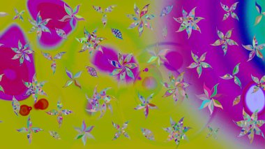 Çiçekli karalama şeklinde Raster çiçek deseni. Yeşil ve mor renkli çiçekler. Nazik, sevimli çiçek arkaplanı..