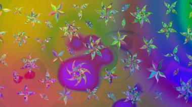 Raster illüstrasyonu. Yeşil ve mor renkli çiçekler. Tropikal çizim çiçek deseni.