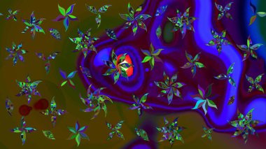 Raster illüstrasyonu. Kahverengi ve mavi renkli çiçekler. Küçük çiçekte sevimli çiçek deseni var..