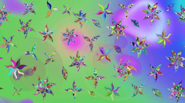 Raster illüstrasyonu. Yeşil ve mor renklerde. Raster deseni. Soyut çiçek çizim kalıbı arka planı. Küçük çiçekte sevimli çiçek deseni var..