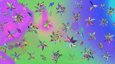 Çiçekli karalama şeklinde Raster çiçek deseni. Yumuşak, bahar çiçekleri menekşe ve yeşil renklerde. Raster illüstrasyonu.