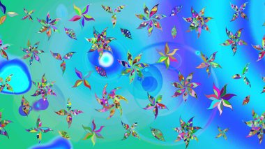 Raster Illustrasyon 'daki Çiçek Deseni' nin son moda çizimi. Düz Çiçek Elementleri Tasarımı. Mavi ve yeşil renkli çiçekler. Renkli Yaz Teması çizim şablonu.