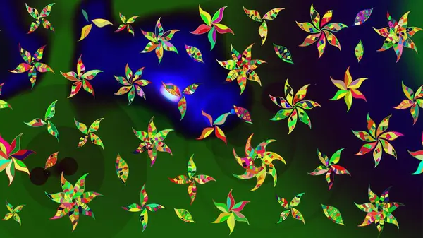 Raster illüstrasyonu. Yeşil ve gri renkli çiçekler. Renkli Bahar Teması eskiz kalıbı. Asya tekstil tarzında. Düz Çiçek Elementleri Tasarımı. Çiçek desenini çiz.