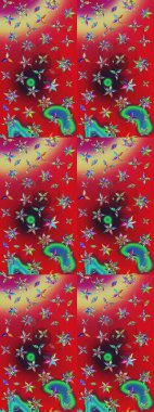 Raster - stok. Yapraklı çiçekler ve kırmızı ve yeşil renkli papatya çiçekleri. Taslak arkaplan deseni.