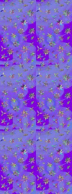 Mor ve mavi renklerde. Güzel kumaş deseni. Raster illüstrasyonu. Raster illüstrasyonunda çiçek deseni çizimi.