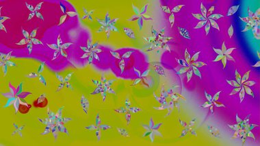 Raster illüstrasyonundaki çiçek desenli çizim. Yeşil ve mor renkli çiçekler. Renkli Yaz Temalı eskiz kalıbı. Düz Çiçek Elementleri Tasarımı.