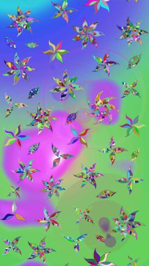 Raster illüstrasyonundaki çiçek desenli çizim. Yeşil ve mor renkte çiçekler.