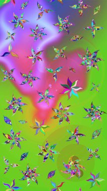 Raster illüstrasyonu. Yeşil ve mor renkli Asya tekstili. Suluboya çiçekli çiçek deseni.