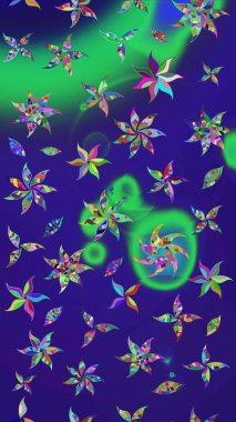 Raster illüstrasyonu. Çiçek desenli çizim. Mavi ve mor renkli Asya tekstili.