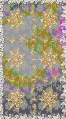 Lüks, kraliyet ve Viktorya dönemi konsepti. Raster klasik barok çiçeksiz altın desenli. Süslü dekorasyon. Gri renklerdeki altın desenli altın elementler.