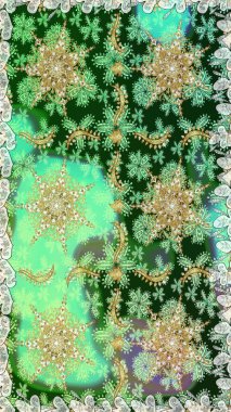 Damask arkaplanı. Yeşil renkte altın bir element. Barok tarzında altın çiçekli süs. Altın çiçekli, pürüzsüz desen.