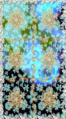 Altın elementlerle mavi renklerde altın desen. Raster oryantal süs. Barok tarzında kusursuz bir doğulu süsü. Geleneksel klasik altın desen.