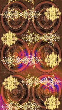 Kış konsepti Düz yatıyordu. Raster illüstrasyonu. Kahverengi, sarı ve turuncu renklerde kar tanelerinden oluşan kış deseni.