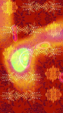 Kırmızı, turuncu ve sarı renkte çiçekler. Düz Çiçek Elementleri Tasarımı. Renkli Bahar Teması eskiz kalıbı. Raster illüstrasyonu. Çiçek desenli çizim. Asya tekstil tarzında.