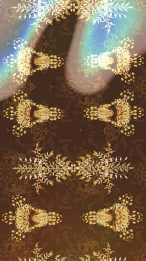 Asya tekstil tarzında. Raster illüstrasyonu. Kahverengi, bej ve nötr renklerde çiçekler. Çiçek desenli çizim. Raster illüstrasyonu.