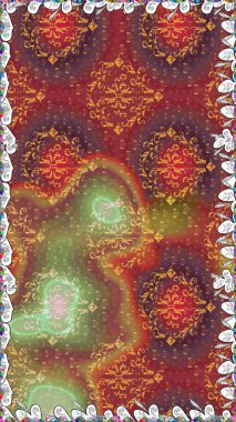 Çiçek çelengi. Kıvırcık, parlak örgü. Şablon, pürüzsüz, çiçekli kenar. Eski moda arka plan. Raster illüstrasyonu. Güzel, pürüzsüz kumaş, tuval..