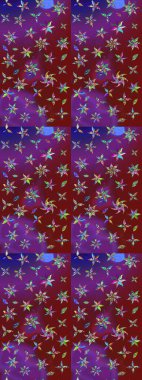 Çiçekli ipek eşarp. El çizimi çiçek unsurları olan soyut çizim raster deseni. 1950-1960 motifleri. Mor ve kırmızı üzerine mor ve kırmızı. Retro tekstil tasarım koleksiyonu.