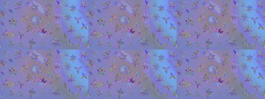 Renkli grunge, soyut arkaplanı kolonya ve mavi çiçeklerle süslüyor. Nakış desenli çiçek deseni. İzler, kumaş, duvar kağıtları, tekstil için raster dokusu.