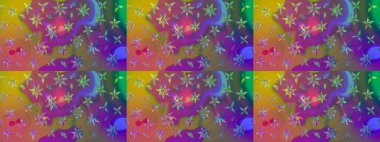 Patlayan çiçekler soyut olarak yerleştirilmiş. Raster deseni. Yumuşak, bahar çiçekleri mor ve pembe renklerde. Raster illüstrasyonu.