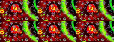 Kibar, bahar çiçekleri kırmızı ve yeşil renklerde. Çiçek ve yapraklı karalama şeklinde Raster çiçek deseni. Raster illüstrasyonu.