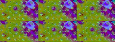 Parlak çiçekli kolaj çiçekleri yeşil ve mor. Çiçek tasarımı için inanılmaz bir kolaj cenneti tarzı. Çiçekli zambaklar eskiz arka planı.