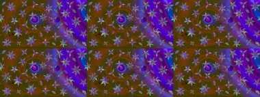 Küçük çiçekte güzel bir desen. Küçük renkli çiçekler. Kahverengi ve mor çiçekli bahar çiçekleri. Motley illüstrasyonu. Moda baskıları için zarif bir şablon.