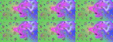 Şirin çiçekli eskiz deseni ve yeşil ve mor renkli yapraklar, suluboya çiçek deseni, duvar kağıdı, kart ya da kumaş için fayanslı. Raster illüstrasyonu.