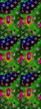 Çiçek ve yapraklı karalama şeklinde Raster çiçek deseni. Raster illüstrasyonu. Yeşil ve siyah renklerde bahar çiçekleri..