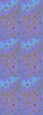 Mor ve mavi renkte çiçekler olan çiçek deseni çiz. Suluboya tarzında mor ve mavi renkte çiçekler.