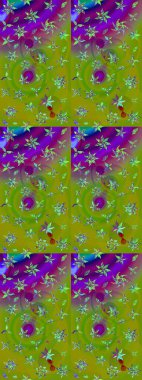 Raster illüstrasyonu. Şatafatlı bahar bahçesi dokusu. Yeşil ve mor renkli çiçek çizimi. Yeşil ve mor renkli çiçekler. Çiçek deseni.