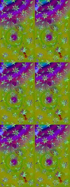 Raster illüstrasyonu. Şatafatlı bahar bahçesi dokusu. Yeşil ve mor renkli çiçek çizimi. Yeşil ve mor renkli çiçekler. Çiçek deseni.