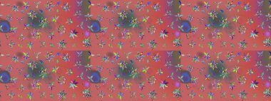 Çiçekli karalama şeklinde Raster çiçek deseni. Raster illüstrasyonu. Pembe ve kahverengi renklerde bahar çiçekleri..