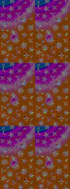 Raster illüstrasyonundaki çiçek desenli çizim. Çiçekler suluboya tarzında kahverengi ve mor renkte.