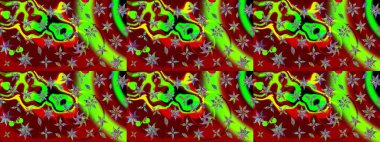 Tekrar eden çiçek arkaplanı, zarif kırmızı ve yeşil çiçek duvar kağıdı. Kırmızı ve yeşil renkler üzerine çiçek desenli çizim, el yapımı papatyalar, papatyalar.