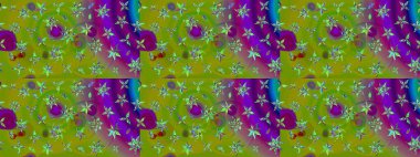 Düz Çiçek Elementleri Tasarımı. Renkli Bahar Teması eskiz kalıbı. Yeşil ve mor renkte zarif çiçekli suluboya. Raster illüstrasyonu.