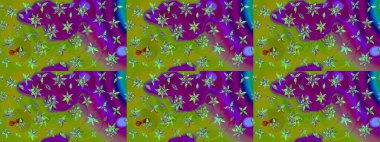 Çiçek izi. Çiçekler suluboya tarzında yeşil ve mor renklerde. Suluboya çizim deseni.